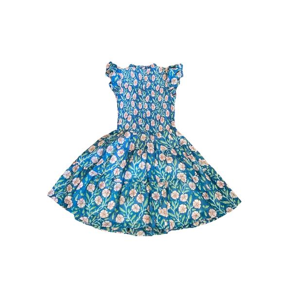 Oliphant smocked Cotton Floral Print Flutter Sleeve Dress sz xs Preppy blue pink - Picture 6 of 7